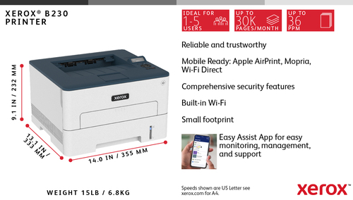 Xerox B230 A4 34ppm Wireless Duplex Printer PCL5e/6 2 Trays Total 251 Sheets - imagine 8